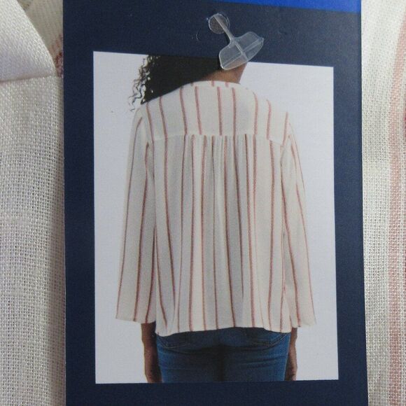 SPLENDID Ladies Linen Blend Shirt Blouse Sz L Yoked Red Wht Strip V Neck Top NWT - Picture 7 of 13